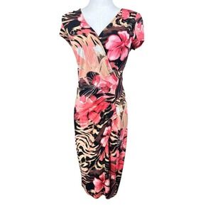 Cache Womens Floral Animal Print Faux Wrap Sheath Dress Pink Black Medium